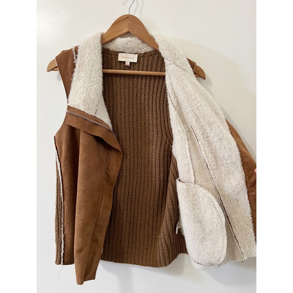 Skies Are Blue Faux Suede Sherpa Vest Brown Sleeveless Sweater Knit Back - Picture 3 of 5